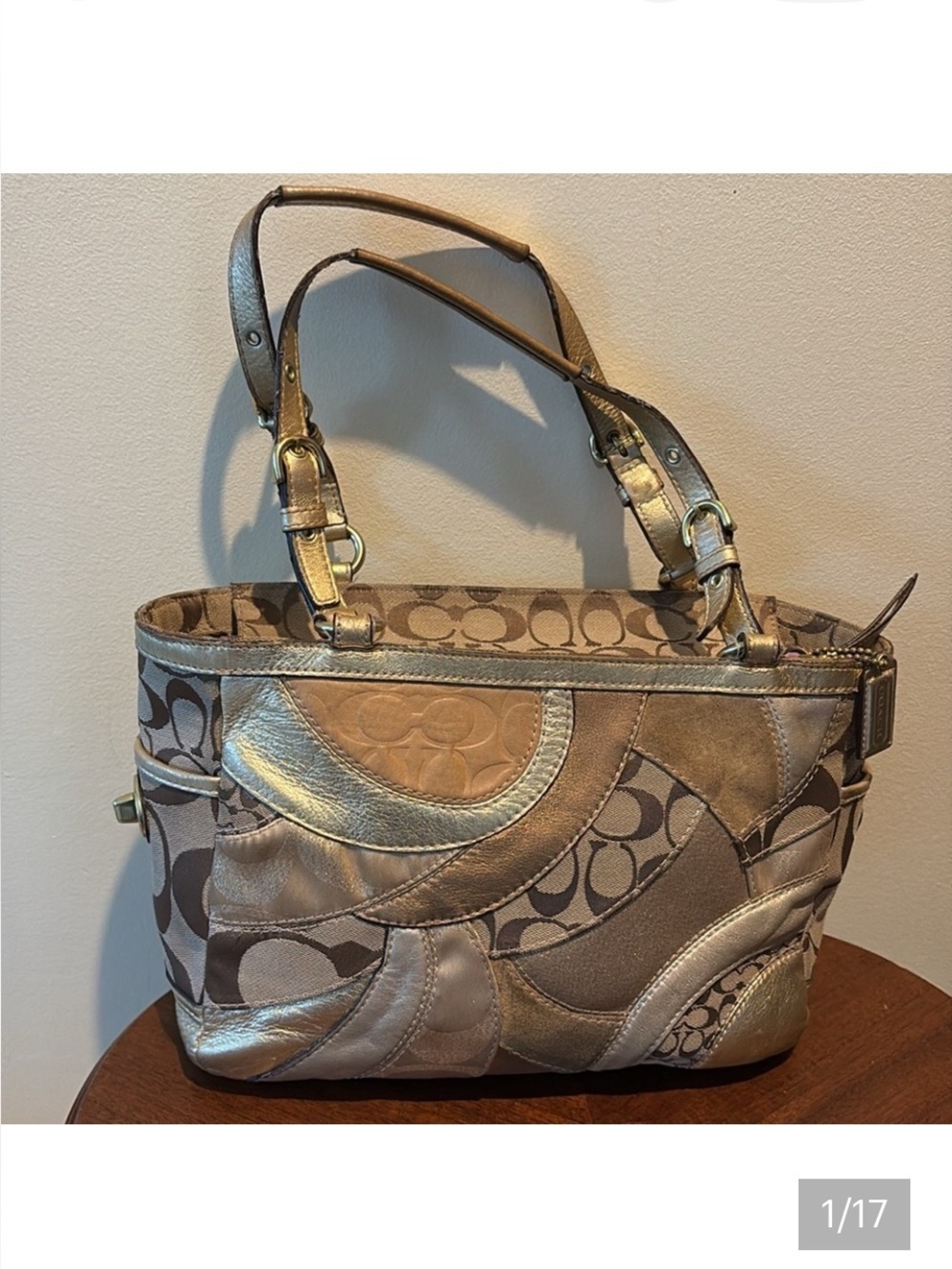 Coach  Vintage Patchwork shoulder bag  gold metallic leathers & monogram canvas